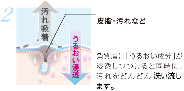 2.とろみのある美容液でマッサージしてるみたい！角質層に「うるおい成分」が浸透しつづけると同時に、汚れをどんどん吸着します。